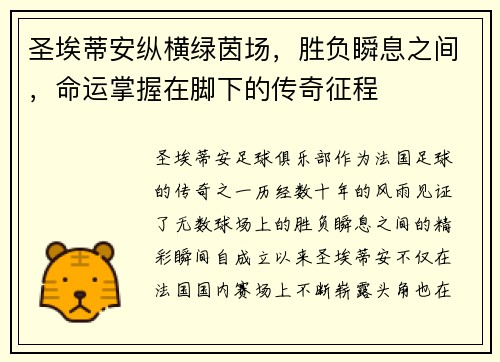 圣埃蒂安纵横绿茵场，胜负瞬息之间，命运掌握在脚下的传奇征程