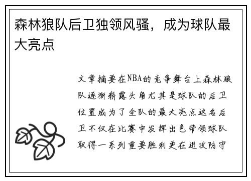 森林狼队后卫独领风骚，成为球队最大亮点