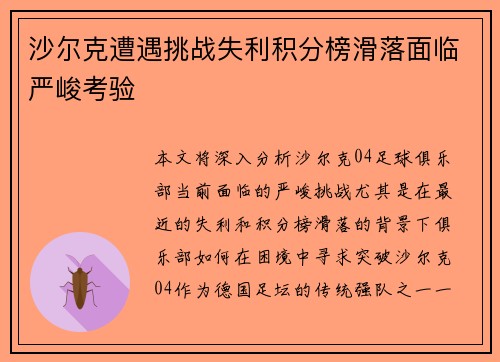 沙尔克遭遇挑战失利积分榜滑落面临严峻考验