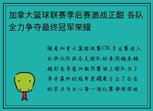 加拿大篮球联赛季后赛激战正酣 各队全力争夺最终冠军荣耀