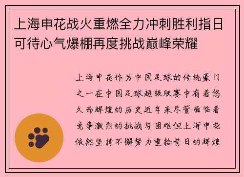 上海申花战火重燃全力冲刺胜利指日可待心气爆棚再度挑战巅峰荣耀