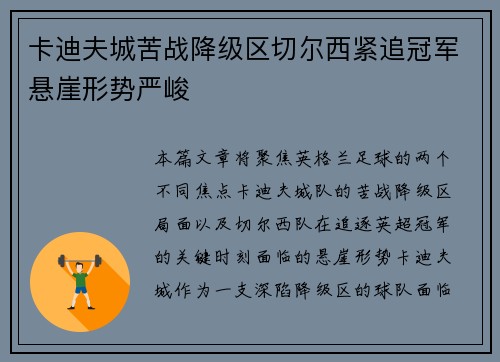 卡迪夫城苦战降级区切尔西紧追冠军悬崖形势严峻