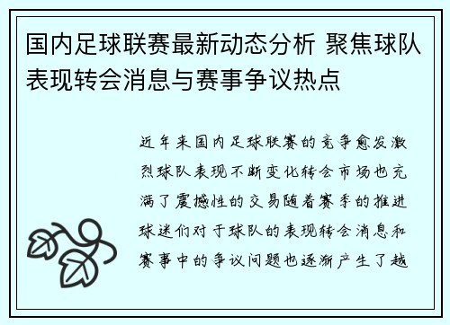 国内足球联赛最新动态分析 聚焦球队表现转会消息与赛事争议热点