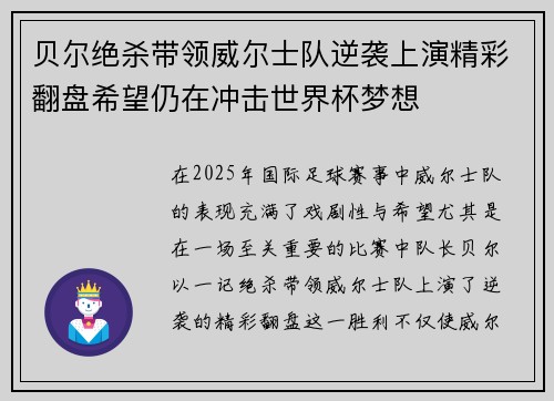贝尔绝杀带领威尔士队逆袭上演精彩翻盘希望仍在冲击世界杯梦想